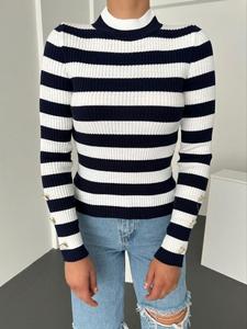 Suéter de cuello alto Jersey de manga larga Jersey de color bloqueado Jersey de rayas marrones Botón detallado Top Mujer Prendas de punto Camel Stripe - Product Image 4