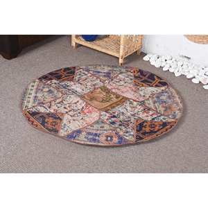 Vintage 3.4ft X 3.4ft Beige y azul de lana Patchwork alfombra turca tejido plano con respaldo de látex para decoraciones de sala de estar - Product Image 3