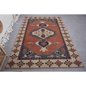 Alfombra Kilim turca Vintage de 5,2x7,4 pies, diseño de retazos rojo y azul, Material de lana, respaldo de látex, rectángulo abstracto de 10mm para vivir - Product Image 1