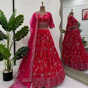Lancement d'un nouveau fil de faux georgette de créateur avec broderie de séquence Lehenga et Choli avec filet papillon fantaisie Latkan Dupatta - Product Image 1
