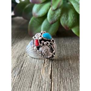 Navajo Handcrafted Turquoise & Opal <b>Sterling</b> <b>Silver</b> <b>Ring</b> Bezel <b>Set</b> Size 13.5 - Product Image 4