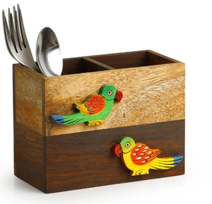 Birds Of A Feather Cubiertos Cum Servilletero en Sheesham y Mango Madera Utensilio de madera Caddy Encimera Cubiertos Titular - Product Image 1