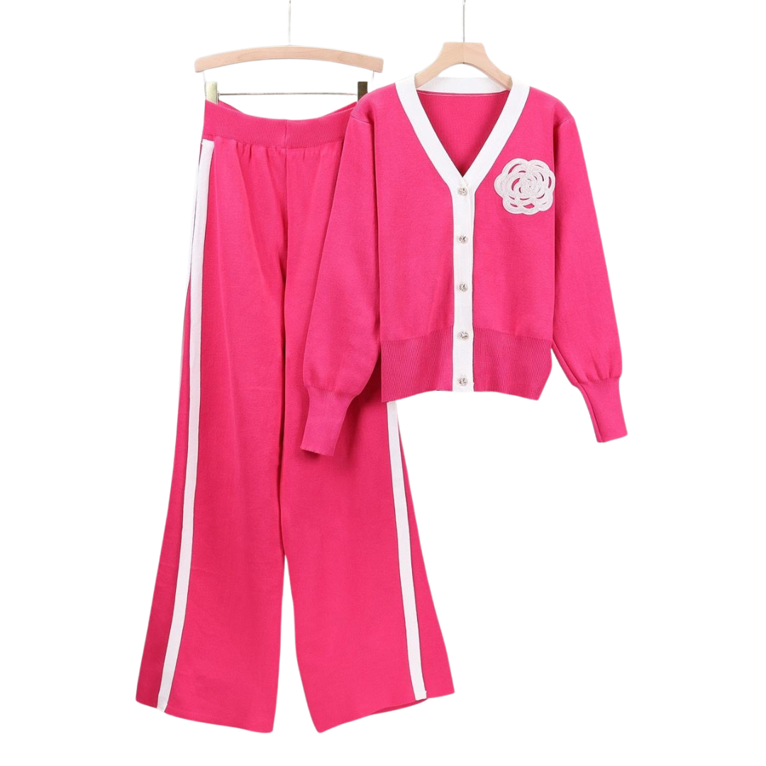 Autumn and Winter New Casual V-Neck Cardigan Top and Midi-Length Wide-Leg Pants Solid Color Two-Piece Sweater Set 2025 design