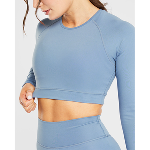 Top corto de manga larga con grapas para mujer de color azul pizarra de la mejor calidad, camisetas cortas de Fitness suaves y ligeras elásticas de 4 vías para mujer - Product Image 3