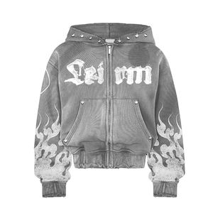 Poids lourd surdimensionné recadrée en détresse sweats à capuche zippés femmes goujons en métal personnalisé Streetwear haute qualité lavage à l'acide sweat à capuche unisexe - Product Image 4