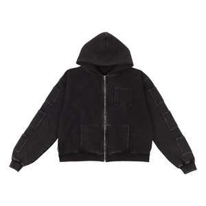 Sudadera con Capucha Unisex, Estilo Desgastado, con Parches, Lavado Ácido, Cierre de Cremallera, Corte Recto, Color Sólido, Tejido Grueso, 100% Algodón, Felpa, Estilo Vintage - Product Image 1