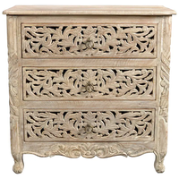 Mesa de Noche de Madera de Teca Sólida Hecha a Mano, 3 Cajones, Ecológica, Duradera, Tradicional, Vintage, Tallada, para Sala de Estar