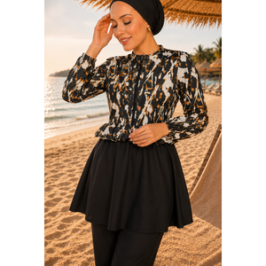 Conjunto de Traje de Baño de Tres Piezas con Estampado Negro y Naranja, Top con Volantes, Cierre de Cremallera en la Cintura, Estilo Burkini con Pantalones, MOQ 2 Piezas - Product Image 4