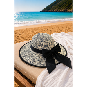 Chapeau de paille souple bleu marine Valencia avec nœud, large bord style Panama, en paille de blé imprimée et herbe de papier Toquilla pour fêtes en extérieur - Product Image 1