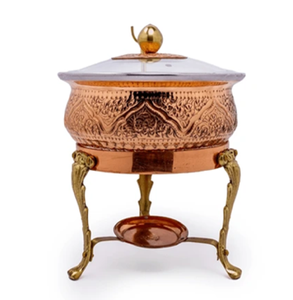 Réchaud en cuivre vintage avec des sculptures complexes, un couvercle argenté et pied en laiton orné, disponible en gros - Product Image 1