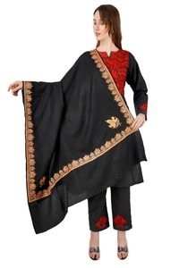 Timeless <b>Black</b> Kashmiri <b>Pashmina</b> <b>Shawl</b> Handcrafted Soft Polyester Wool Breathable Elegant Warm Winter Wrap Solid Embroidery - Product Image 3