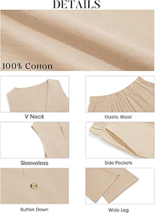 Ensemble ample en coton beige sans manches avec col en V profond et pantalon à jambes larges pour femmes-Ensemble deux pièces décontracté et confortable - Product Image 5