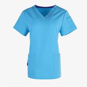 Col en V soins infirmiers gommages robe veste ensemble manches courtes 100% coton unisexe personnalisable ODM modèle par Raw Fine Salon de beauté hôpitaux - Product Image 1