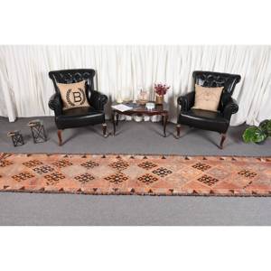 Vintage 2,6 X 12 ft Turkish Kilim Rug Stunning Orange <b>Brown</b> <b>Wool</b> Latex Backing Patchwork for Teens Rectangle Hallway Jute Rug - Product Image 2