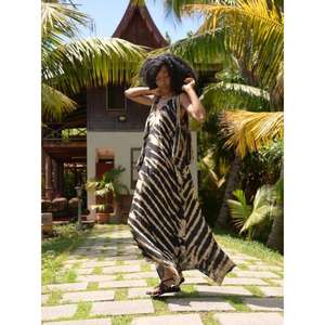 Women's Eco-Friendly Black Tie Dye Kaftan Maxi <b>Dress</b> Deep V-Neck Loose Fit Natural Waist Boho Beach Resort Wear - Product Image 3