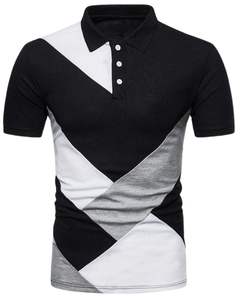 Camiseta Polo Personalizada para Hombre en Bloques de Color Negro, Blanco y Gris, Manga Corta, Cuello con Botones, Corte Ajustado Informal, Top de Moda de Verano - Product Image 1