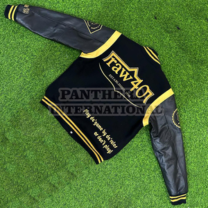 Blouson Bomber Homme Personnalisé en Satin Noir, Col Montant, Broderie Frontale, Patchwork, Faible MOQ, 100% Laine, Haute Qualité, Vente en Gros - Product Image 6