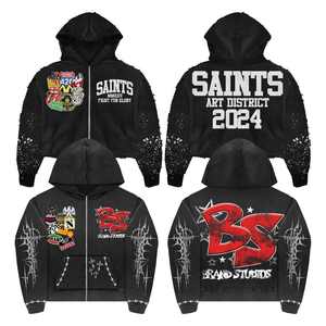 เสื้อมีฮู้ดแบบมีซิปสำหรับทั้งชายและหญิงผ้าคอตตอนเนื้อหนาผ้าเทอร์รี่พิมพ์ลายหน้าจอประดับพลอยเทียม - Product Image 1