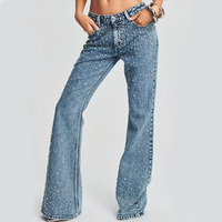 Jean Streetwear Femme Taille Mi-Haute Respirant Écologique avec Patchwork de Strass Personnalisé et Boutons Style Hip Hop