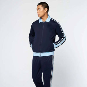 Ensemble de survêtement d'hiver bleu marine pour hommes avec rayures unies, veste zippée intégrale et pantalon de jogging, logo personnalisé, vêtements de sport - Product Image 1