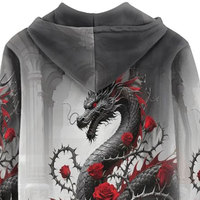 Sudadera con Capucha de Invierno para Mujer, Estilo Gótico, con Estampado 3D de Dragón y Rosa Roja, Cierre Frontal con Cremallera, Tejido No Tejido, Bordado