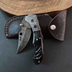 Venta caliente cuchillo plegable de acero de Damasco completo cuchillo de bolsillo al aire libre con Funda de cuero - Product Image 5