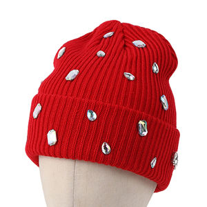 Gorro de Punto Grueso y Cálido de Invierno Personalizado, Color Sólido, para Mujer, de Acrílico Acanalado, con Puño y Pedrería - Product Image 5