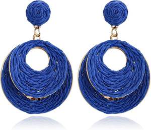 Boucles d'oreilles en raphia faites à la main pour femmes-Bijoux légers Boho Dangle, vacances à la plage d'été, design rond ovale en paille - Product Image 2