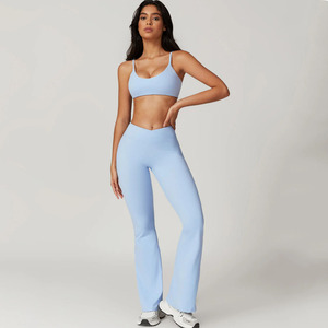 Wholesale Custom Elastic Women Gym Fitness Yoga Set High Demanding 2 Piece Set Women Sports Bra & High Waist <b>Flare</b> <b>Leggings</b> Set - Product Image 1