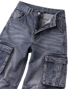 Pantalon cargo en jean gris foncé pour femme, coupe large, style streetwear, ample, multi-poches, vintage, délavé, tendance - Product Image 4