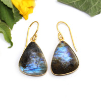 Boucles d'oreilles Vintage Malti Feu Labradorite Pierre 18k Or Électrolytique Forme Fantaisie Géométrique Dangle Bijoux Pour Femmes Vente en Gros
