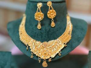 Gold Plated Traditional Floral <b>Necklace</b> <b>Set</b> with Matching <b>Earrings</b> | Indian Bridal Imitation Jewelry Wholesale Model 23249 - Product Image 5