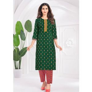 Kurti estampado de algodón listo para usar con pantalón, diseño de corbata de encaje bordado, atuendo puro para mujer, ropa cómoda para fiesta sin arrugas - Product Image 3