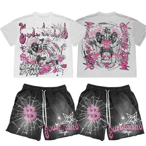 ชุดเซ็ตเสื้อยืดและกางเกงขาสั้นผู้ชายสไตล์วินเทจผ้าฝ้ายสีพื้นทรงหลวม ดีไซน์ประดับเพชรด้านหน้า รับสั่งทำได้ ลดราคาพิเศษสำหรับฤดูร้อน - Product Image 1