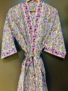 Block Print Cotton Kimono Robe Bridesmaid <b>Dressing</b> <b>Gown</b> <b>Lightweight</b> Summer Nightwear One Size - Product Image 4