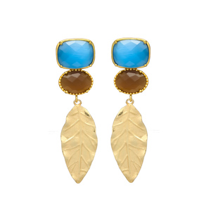 New Arrival Gold Tone Designer Dangle Earrings with Long Leaf Design Turquoise Gemstone Brass Earrings - Product Image 1