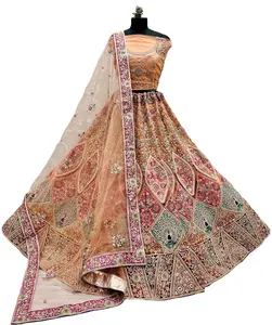 Lehenga choli หลากสีชุดเจ้าสาวสีดอกไม้คลาสสิกประดับด้วยงานฝีมือสีส้มสดใส dupatta ขายส่งออนไลน์ซื้อ