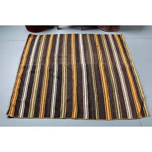 Alfombra de lana clásica turca Vintage, tejido plano hecho a mano de 4,2x5 pies con patrón de retazos a rayas negras y amarillas para adolescentes - Product Image 3