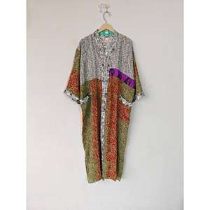 Handmade Recycled Silk Kimono Dress for <b>Women</b> Floral Printed Long Robe for Home Wedding or Brisaids for Autumn Spring Summer - Product Image 3