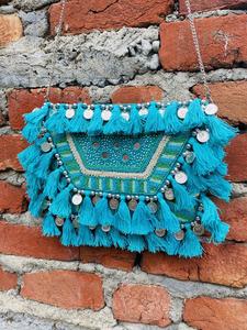 Handmade Floral Embroidered Satin Evening <b>Clutch</b> with Beaded Decoration Tassel Trim Zipper Closure and Chain Strap for Party - Product Image 4