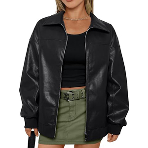 Veste en daim synthétique à fermeture éclair de couleur noire à manches longues de nouvelle conception personnalisée pour femmes Veste en cuir - Product Image 1