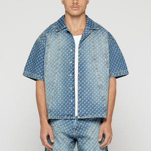 Chaqueta vaquera de lona de manga corta con botones estampados de fabricante de ropa personalizada OEM gruesa de franela para hombre - Product Image 1