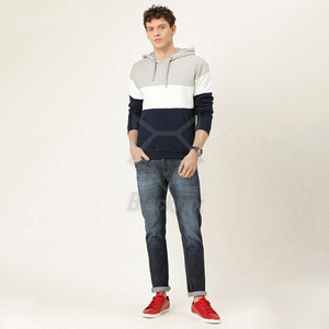 Sweat-shirt à capuche pour homme, coupe classique, décontracté, avec poche, coloris contrastés, bleu marine, blanc, gris, mélange coton et polyester, pour l'automne - Product Image 5