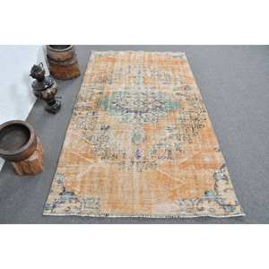 Tapis turc Vintage Orange Bleu Patchwork Design 4.1 X 7.1ft Large Surface Laine Classique Rectangle Couloir Latex pour Chambres - Product Image 1