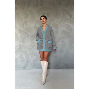 Cardigan décontracté noir en gros avec bordure en satin et motif pied-de-poule - Product Image 4