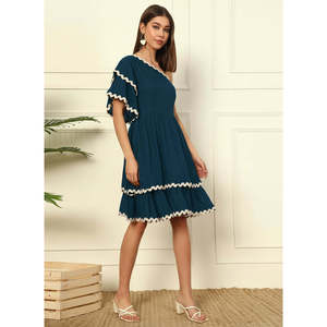 Deebaco Women's Solid One Shoulder A-Line Above Knee <b>Dress</b> With Scallop Trim Elastic Waist Casual Summer Loose Fit Ruffle Hem - Product Image 5