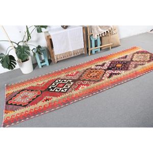 Vintage <b>Runner</b> Rug 3x9.6 ft (92x294 cm), Kilim <b>Red</b> Southwestern Turkish Rug - Product Image 4