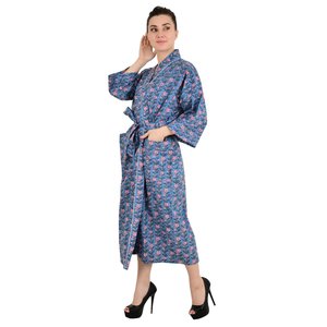 Boho-Kimono Style Cotton Housecoat with Hand-Drawn Indian Floral Print Lightweight with Belt Decoration Single Piece - Product Image 3