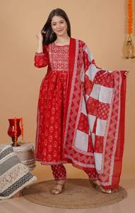 Ensemble Kurti et pantalon en rayonne rouge imprimée, style indien, avec dupatta, pour femme, entièrement cousu, tenue décontractée - Product Image 3
