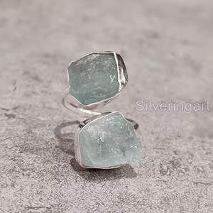 Anillo de Mujer con Piedra Natural de Aguamarina, Piedra de Nacimiento de Marzo, Anillo Ajustable de Doble Piedra, Joyería Hecha a Mano, Anillo de Plata de Ley 925 - Product Image 2